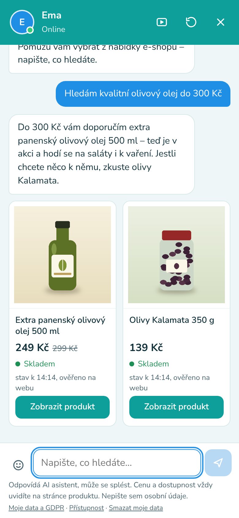 Chat v mobilu: zákazník hledá olivový olej do 300 Kč a asistent doporučí dva produkty s cenou, slevou a stavem skladem.