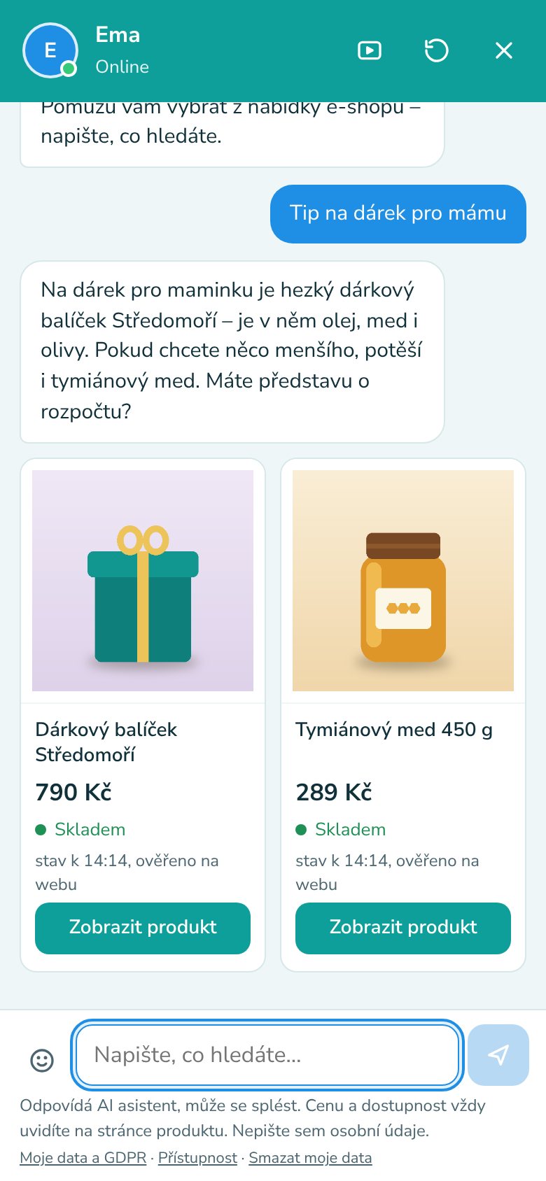 Zákazník chce tip na dárek pro mámu, asistent nabízí dárkový balíček a med a ptá se na rozpočet.